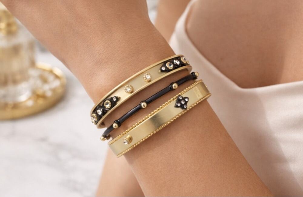 Chicos Matte Gold Black Bangle Bracelet Set New
